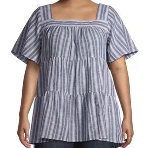Terra and Sky Square Neck Fluttered Sleeves Blue Striped Tunic 1X (16W-18W) New
